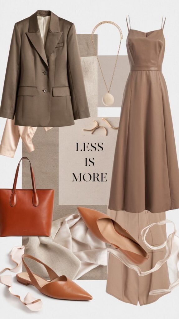 Collage of minimalist fashion clothes and accessories.